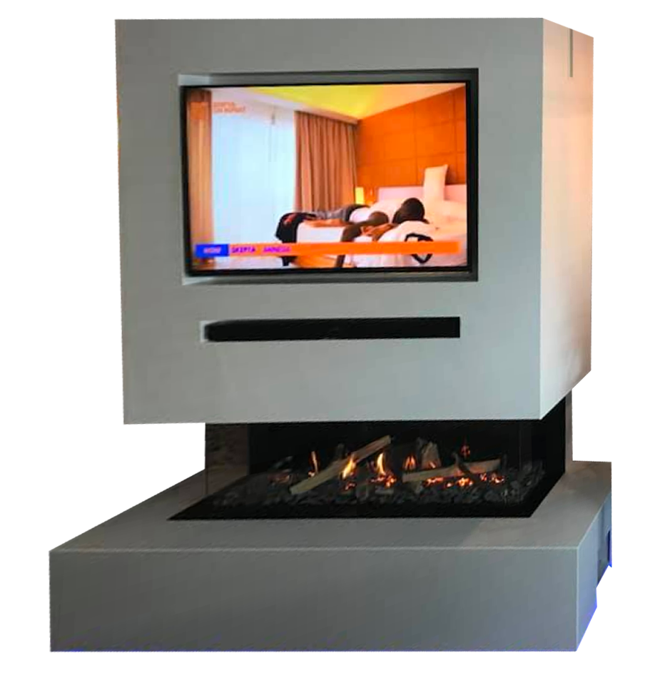 Modern fireplace with integrated wall-mounted television display