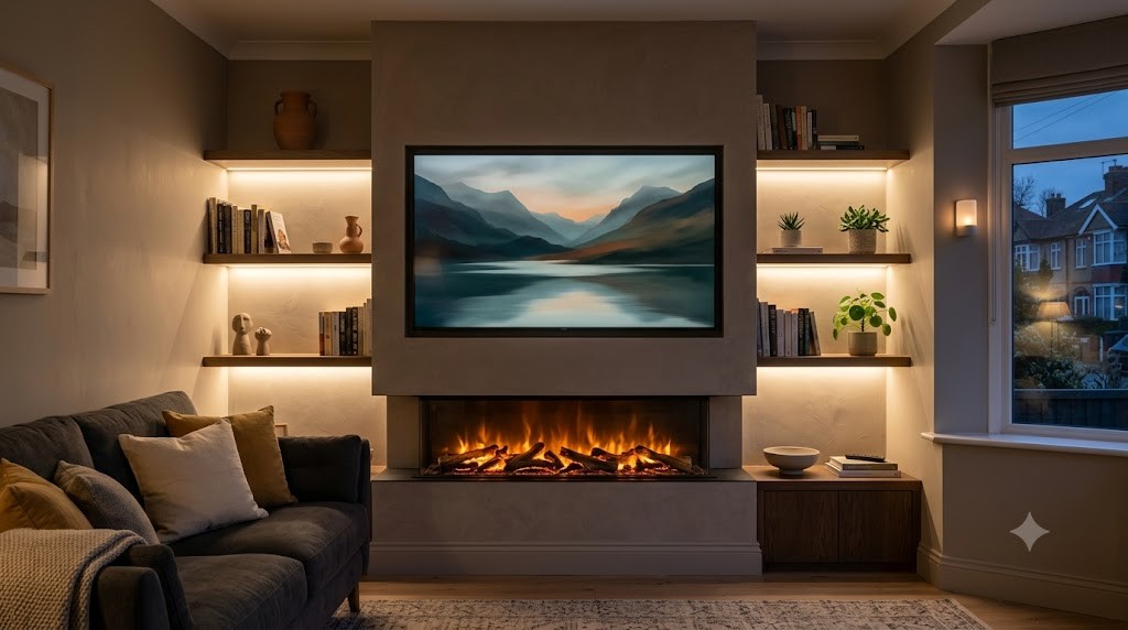 Media wall with built-in electric fire below a wall-mounted TV