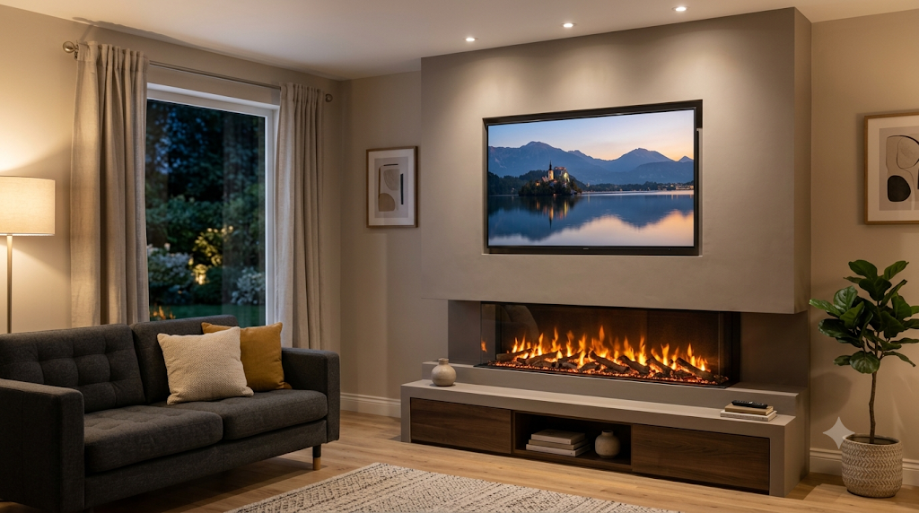Modern media wall with wall-mounted TV positioned safely above a panoramic electric fire in a UK living room